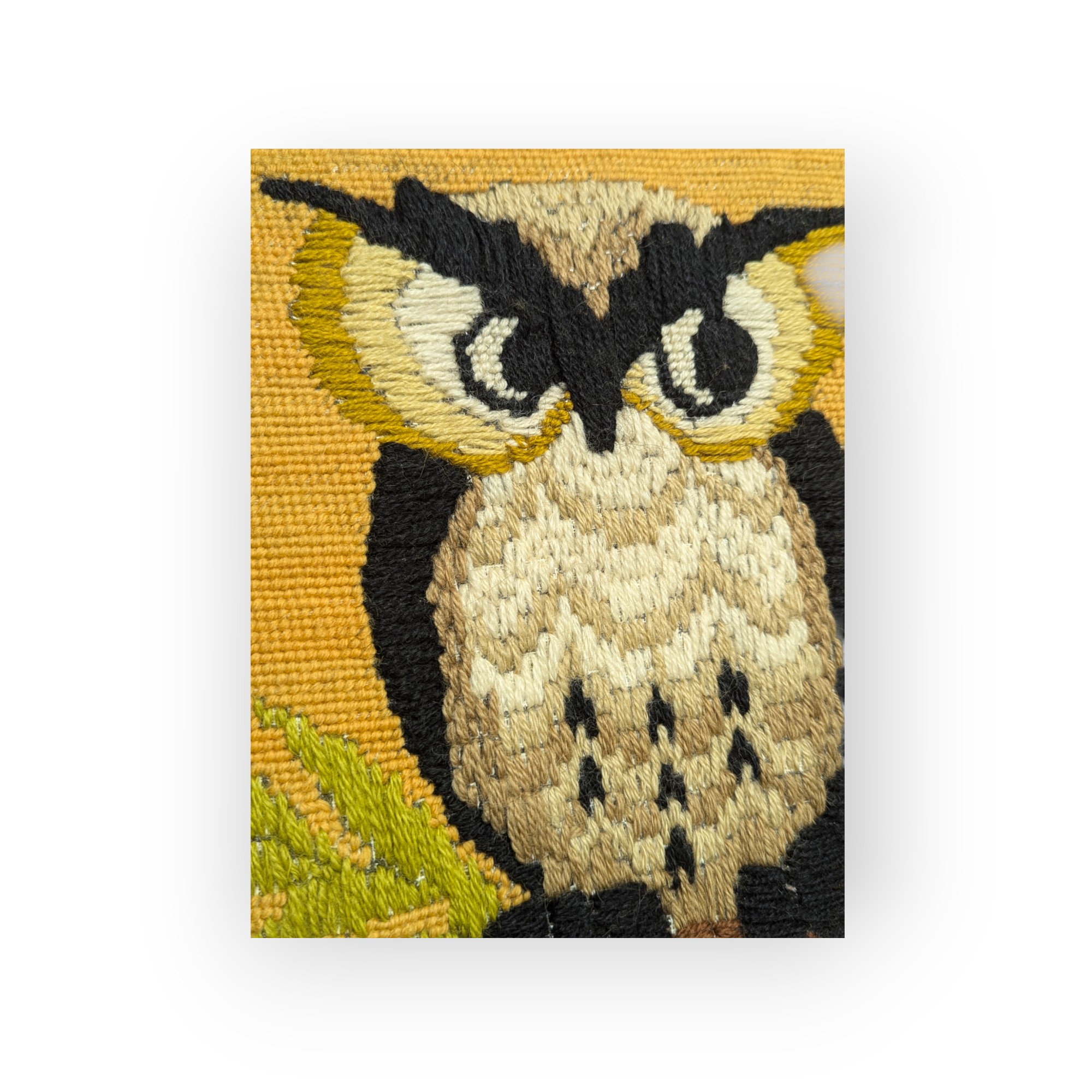 1970's Owl Crewel Framed Picture