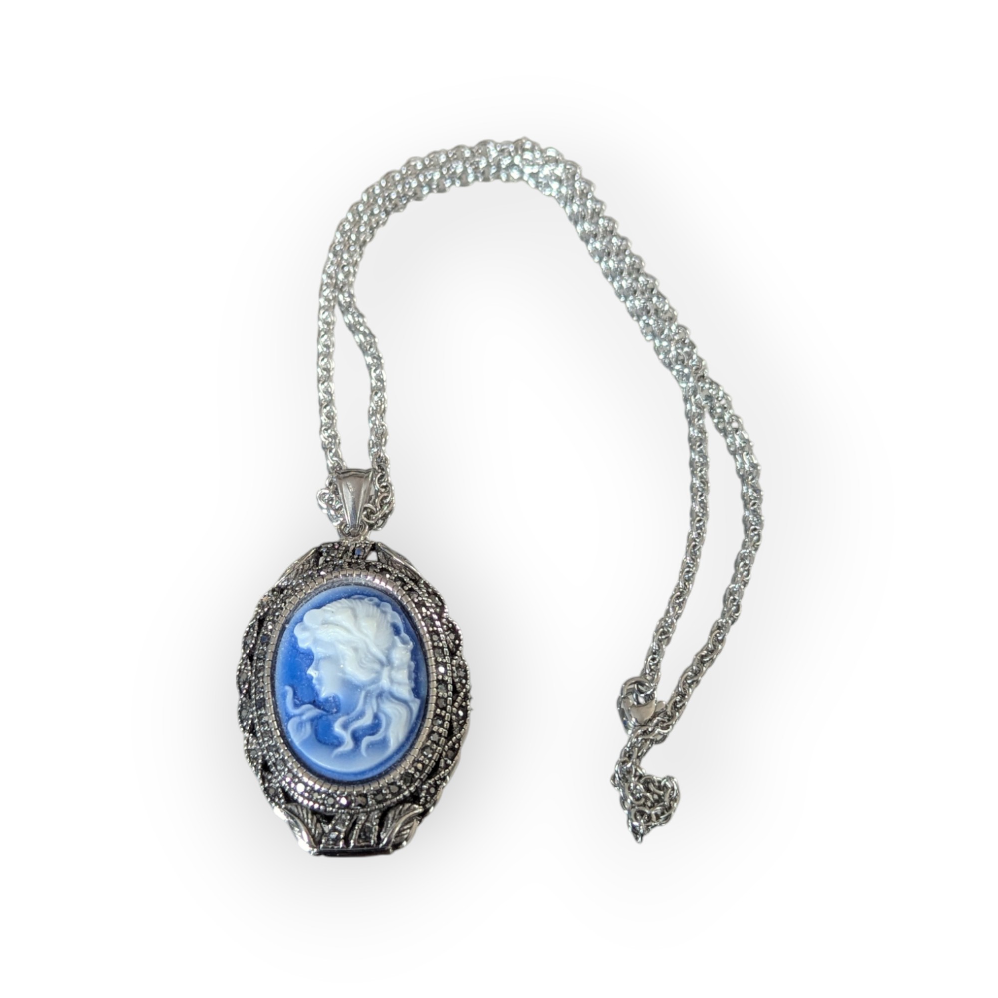 Marcasite & Carved Blue Cameo Necklace – Image 3