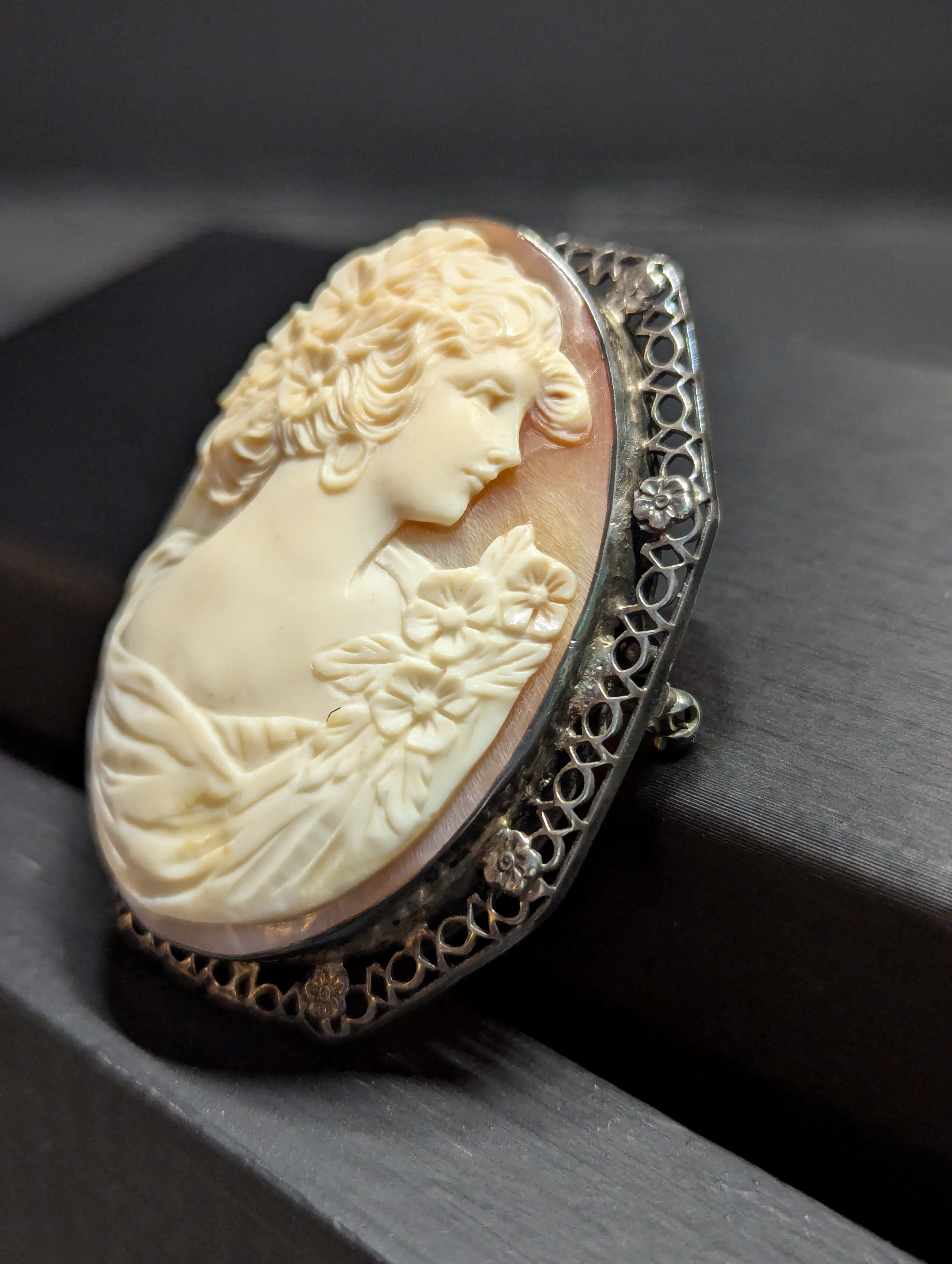 Victorian Filigree Hand Carved Cameo Brooch