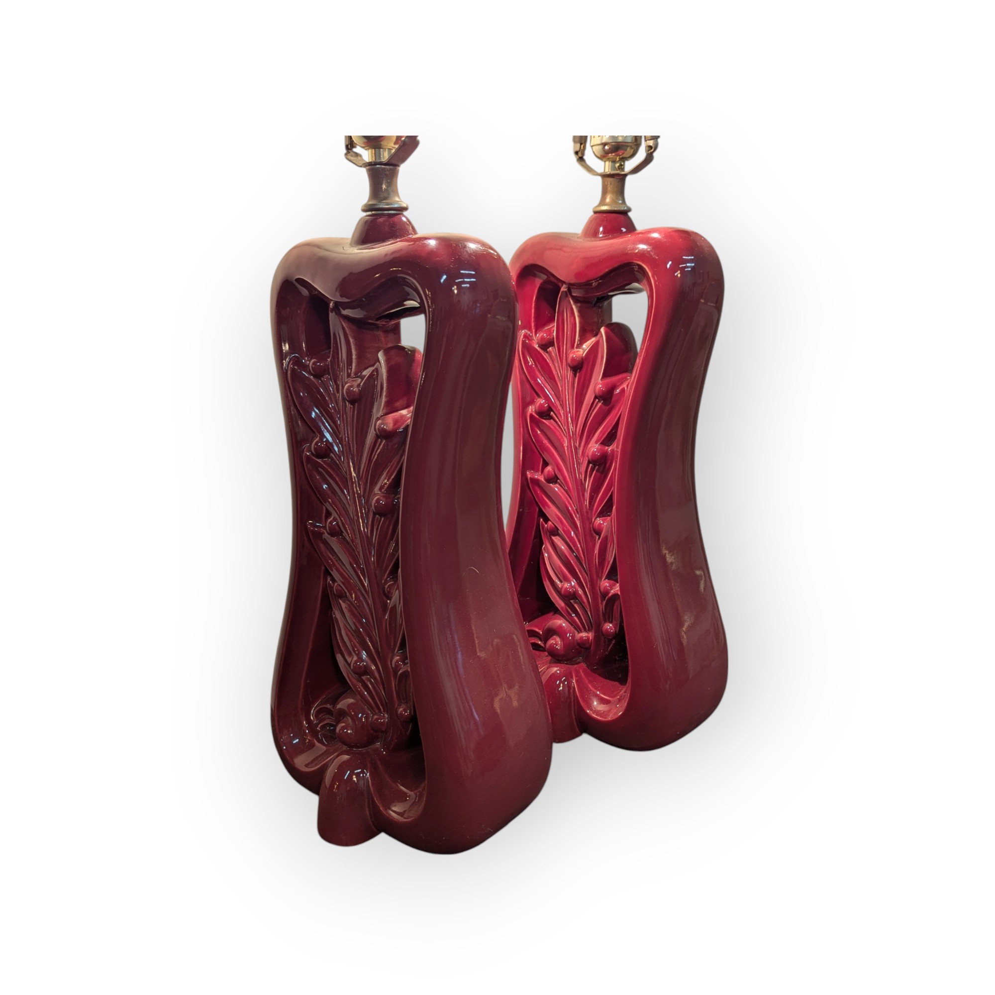 Pair of Burgundy Ceramic Berry Leaf Lamps – Image 3