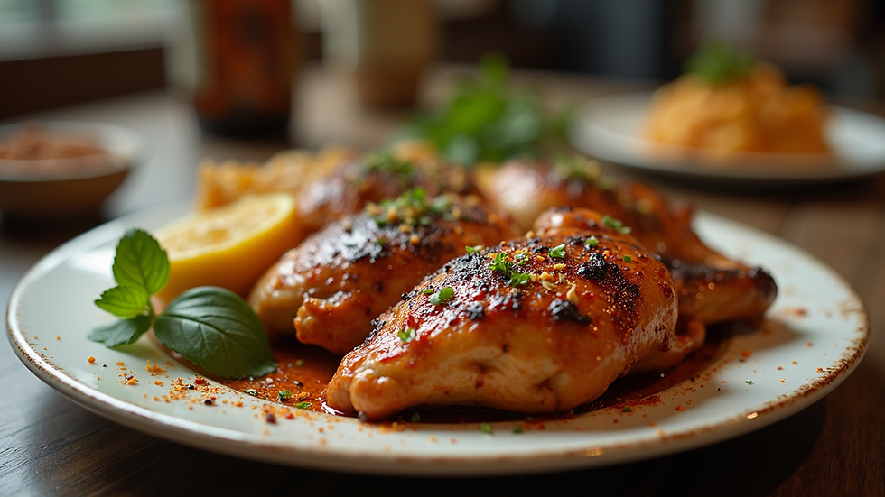 Eye-level view of grilled chicken seasoned with bold spices on a plate