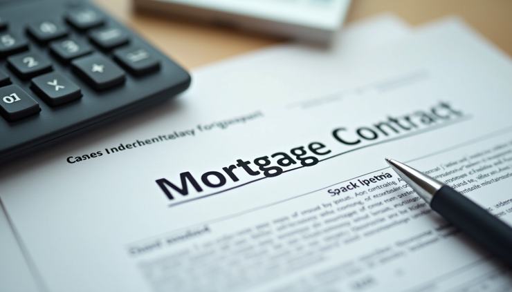 Vue en plongée d’un contrat de crédit immobilier posé sur une table avec une calculatrice à côté