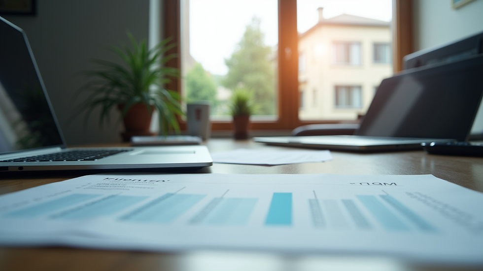 Eye-level view of a modern office desk with a laptop and financial documents