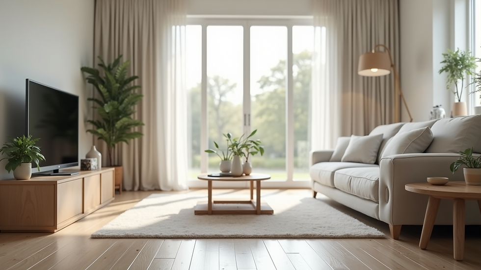 Eye-level view of a clean and organized living room ready for deep cleaning