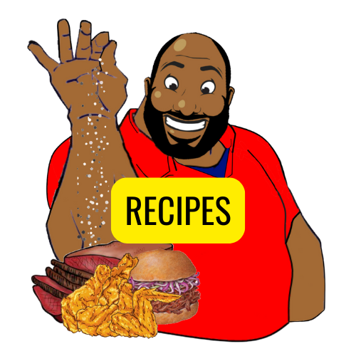 Cartoon man sprinkling salt RECIPES over brisket, burger, fries.