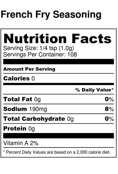 French Fry Seasoning Nutrition Facts label showing Calories 0, Sodium 190mg.