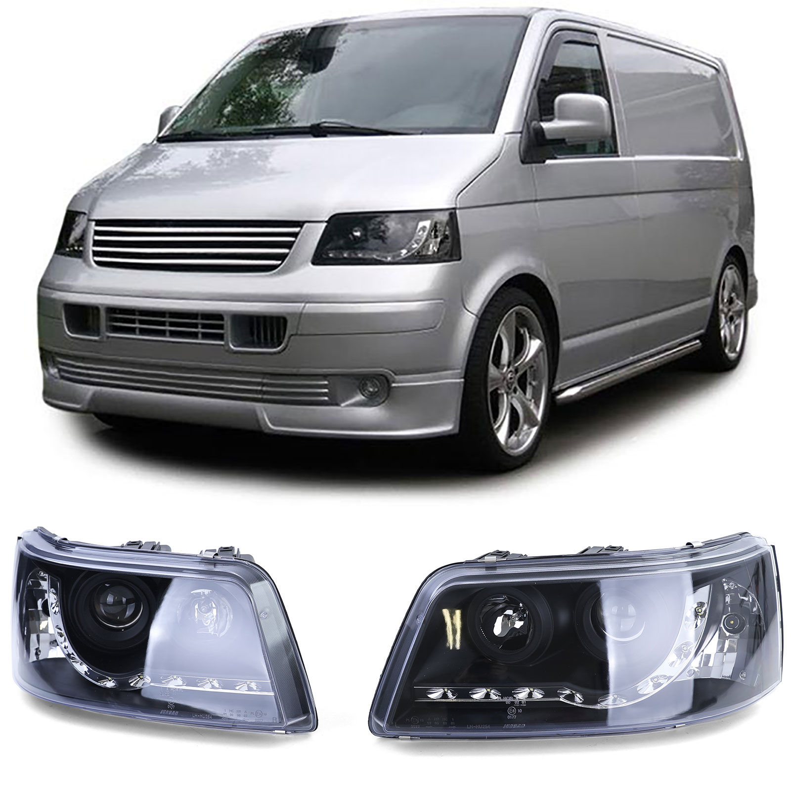 Headlights with LED DRL look black VW Transporter Bus T5 03-09