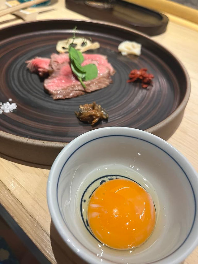 Course 7: Wagyu Sumiyaki, Truffle Egg Yolk, Kanzuri, Negivese, Kinzanji-Miso