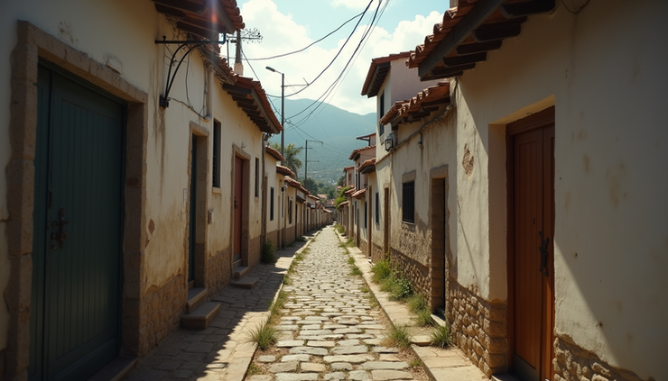 Eye-level view of a quiet alley between houses in a valley