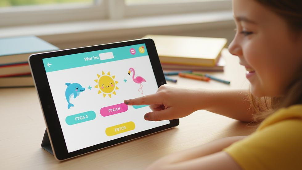 Close-up view of a tablet displaying an educational app for elementary students