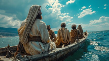 Jesus Christ with his disciples in a boat on the lake. Christian religious photo for church publications
