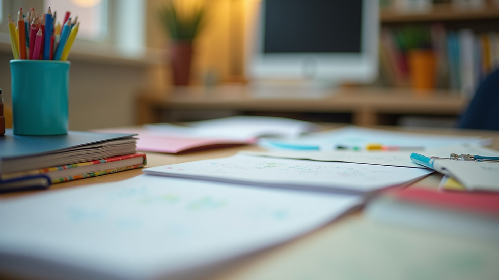 Close-up view of a teacher’s desk with organized lesson plans and colorful teaching materials