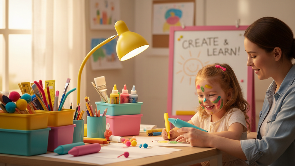 Eye-level view of a neatly organized teacher desk with colorful supplies