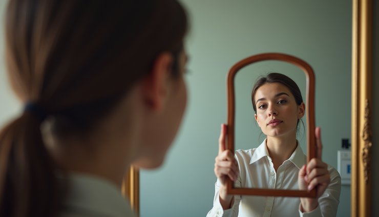 High angle view of a language learner practicing pronunciation with a mirror