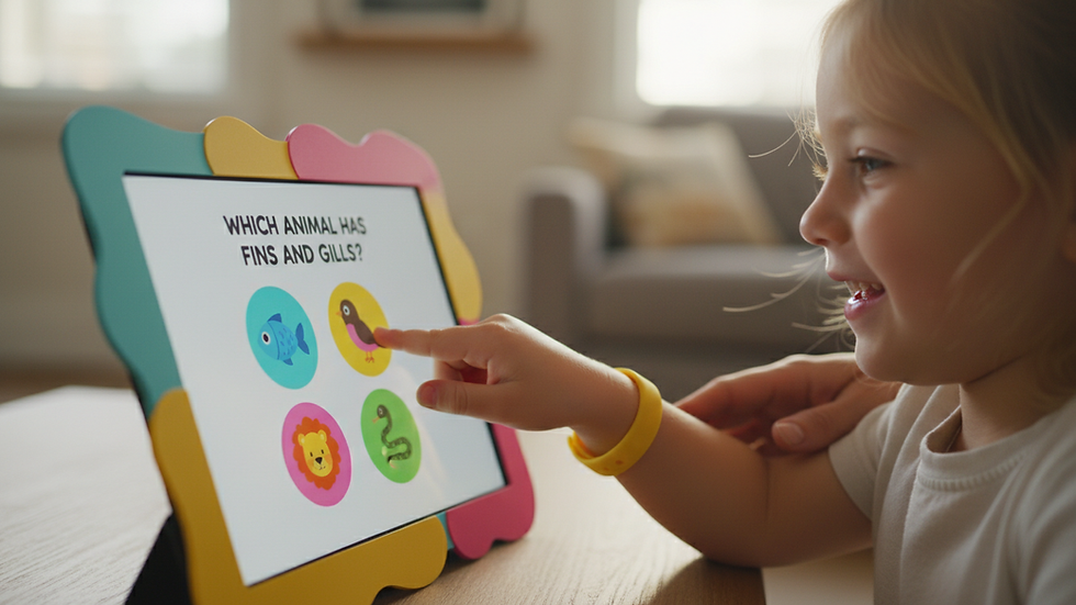 Close-up view of a tablet screen displaying a science quiz game about animals