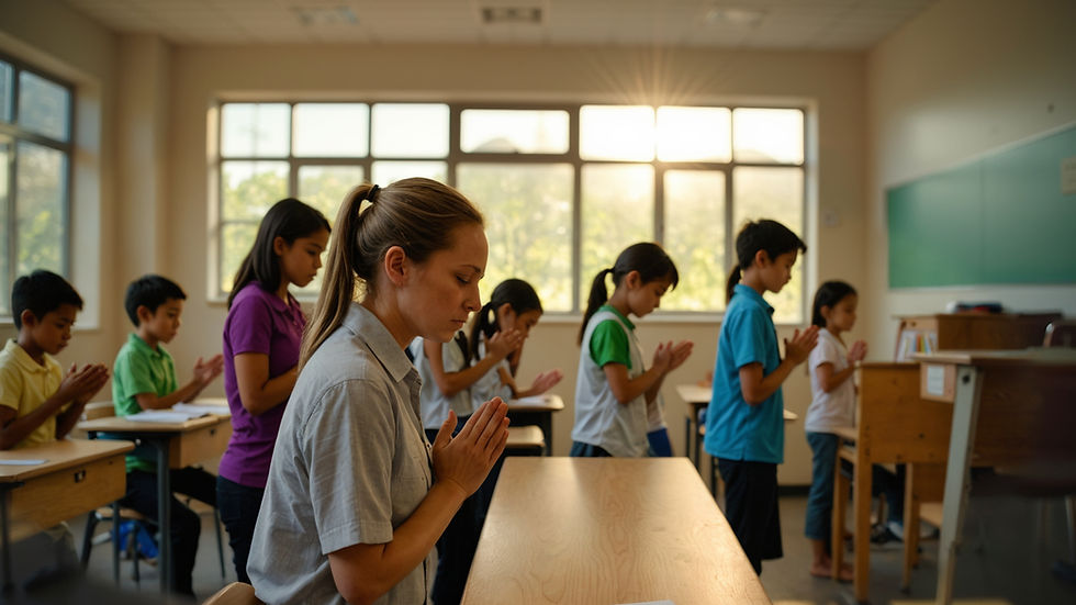 Eye-level view of a classroom window with soft morning light illuminating empty desks
