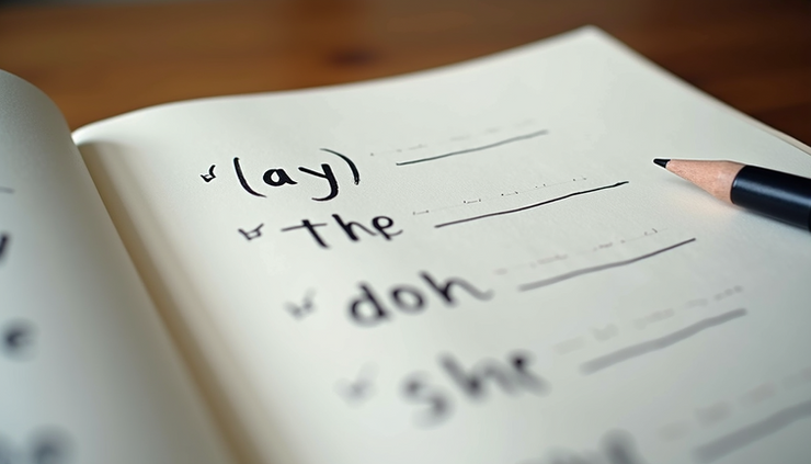 Eye-level view of a notebook with handwritten sentences using /ay/ sound words