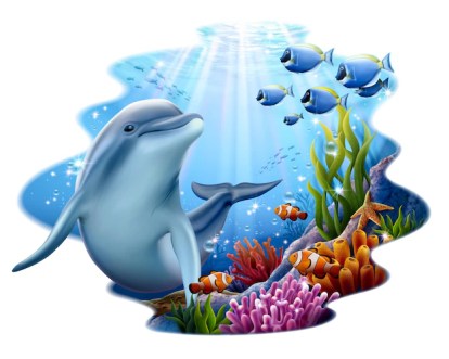 Vector cute dolphin playing at coral reef