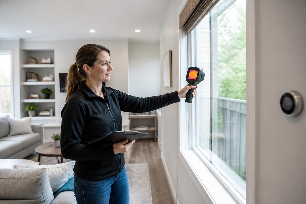 A lady doing a home energy audit. She is pointing a thermal imaging tool at the doors and windows seeing where the heat or cool air is escaping. One of the many tools we use in a energy audit.