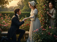 Perdican fait sa déclaration à Rosette sous l'oeil de Camille dans On ne badine pas avec l'amour.