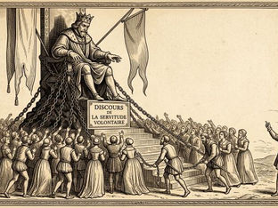 Un roi sur un trône, enchaîné, observe une foule montant des marches illustrant le Discours de la servitude volontaire de la Boetie