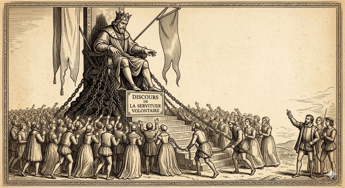 Un roi sur un trône, enchaîné, observe une foule montant des marches illustrant le Discours de la servitude volontaire de la Boetie