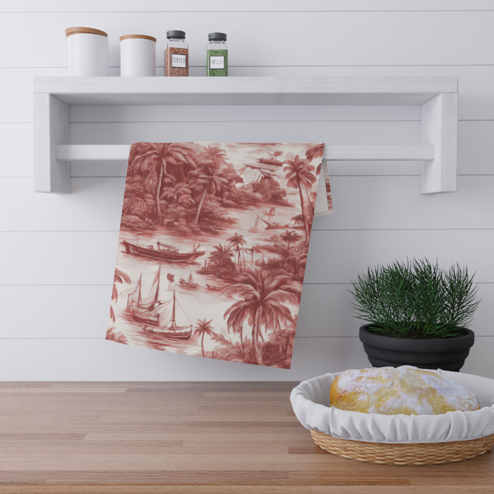 Tea Towels (cotton, poly), Tropical Toile #1, Russet