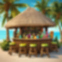 create a tiki bar with lots of tiki beverages in different colored tiki glasses, with bar