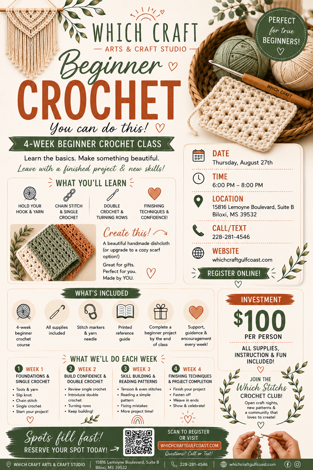 Beginners Crochet Class 4 weekly classes August 27th 6pm-8pm