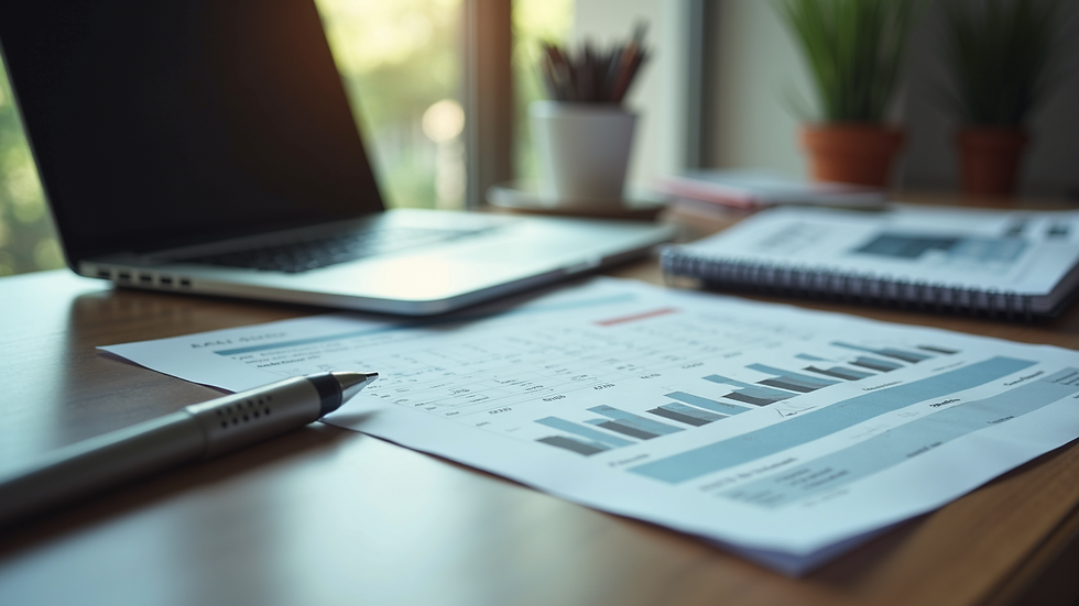 High angle view of a modern office workspace with financial documents and laptop