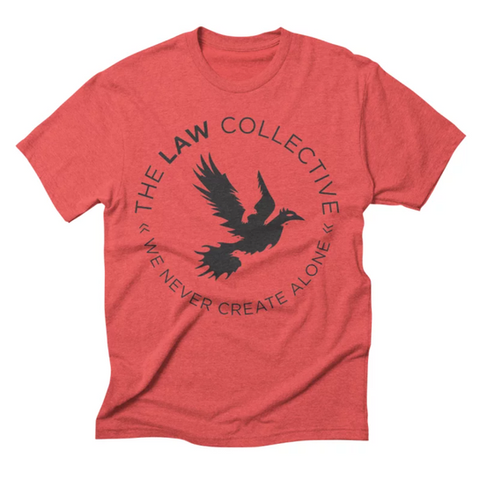 a red tshirt with The Law Collective logo printed across the chest