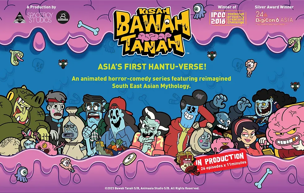 Kisah Bawah Tanah official promotional poster showcasing colorful cartoon characters from Asia’s first hantu-verse, a Malaysian horror-comedy animated series reimagining Southeast Asian mythology, produced by Spaceboy Studios and Animasia Studio, winner of IPCC 2018 and DigiCon6 Asia Silver Award.