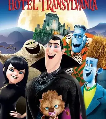 Dracula and other classic monsters standing outside Hotel Transylvania in the animated film poster.