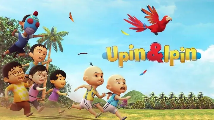 Official Upin & Ipin poster featuring the twin brothers and friends in a chase scene with a red parrot.
