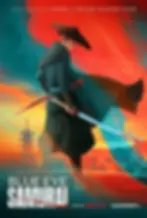 Poster for Blue Eye Samurai showing Mizu in a wide-brimmed hat and dark robes, holding a blood-stained sword against a swirling red and blue background with a pagoda silhouette in the distance.