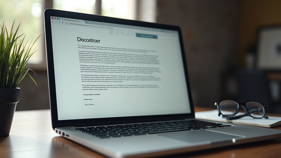 Eye-level view of a laptop screen displaying a website disclaimer page