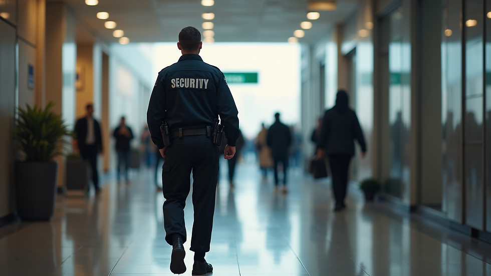 Eye-level view of a security guard patrolling a public area
