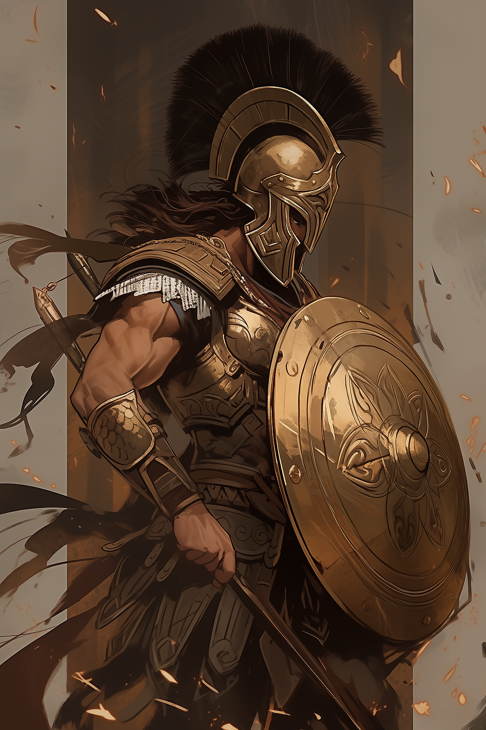 A side view of an ancient soldier in armor: helmet, shield, sword, breastplate, loin and leg protectors