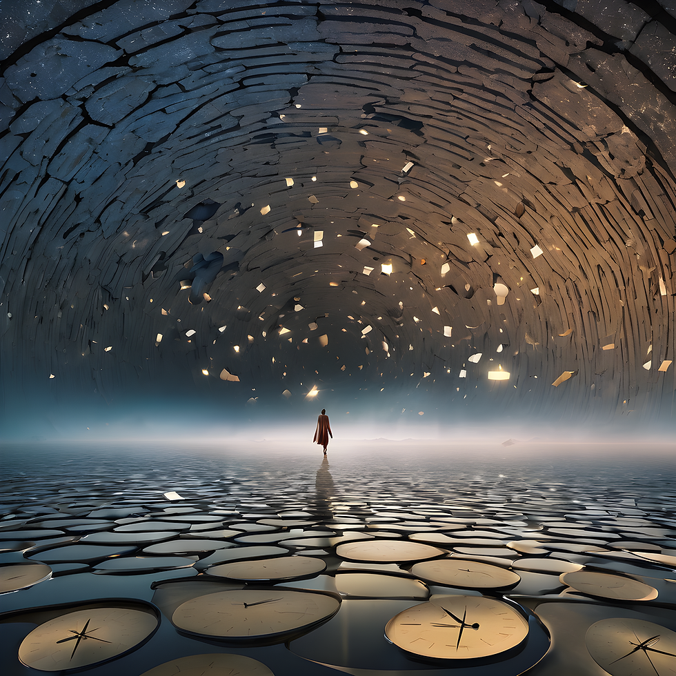 Person walks on a sea of clocks, inside of a large cave