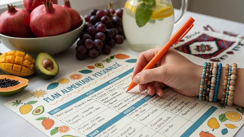 Close-up of a nutritionist's hand writing a personalized meal plan
