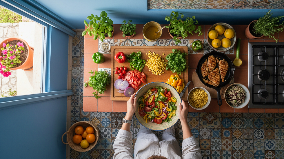 Vue en plongée d'une personne préparant un repas sain dans une cuisine lumineuse