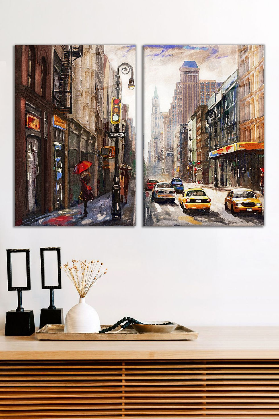 Yağlı Boya New York Sokakları 2'li Cam Tablo Seti