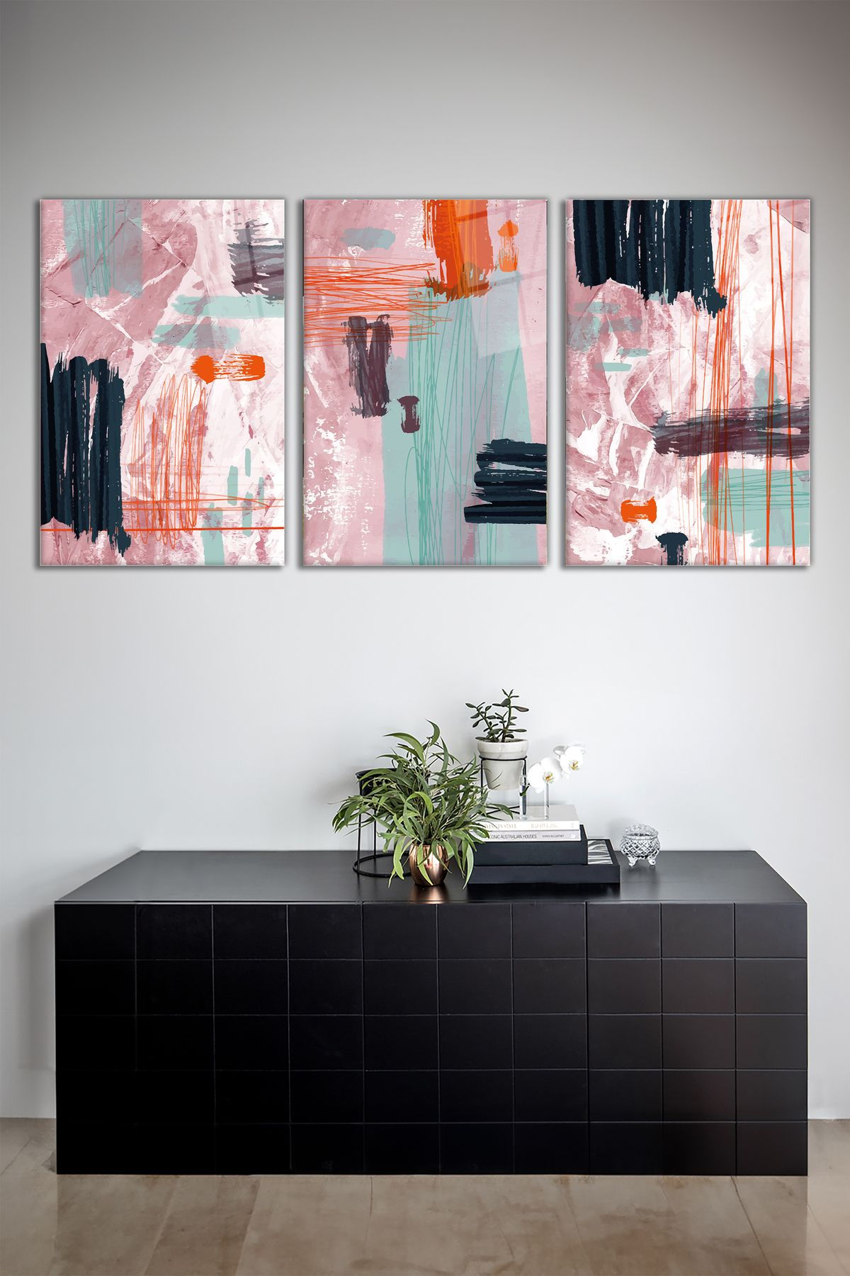 Renkli Suluboya Soyut 3'lü Cam Tablo Seti