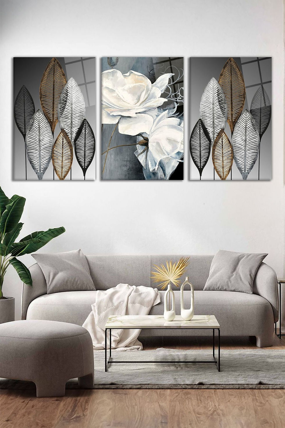 Küçük resim: Soyut Çiçekli Siyah Gri 3'lü Cam Tablo Seti