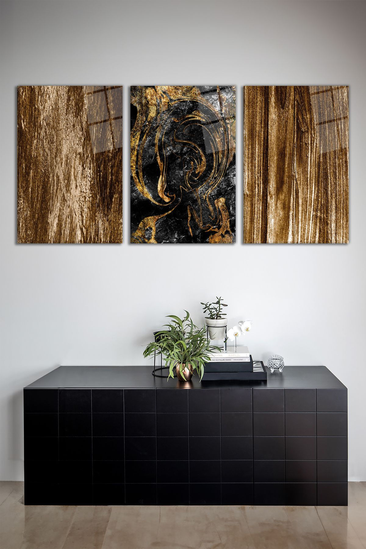 Altın Boya Detaylı Mermer Desen 3'lü Cam Tablo Seti