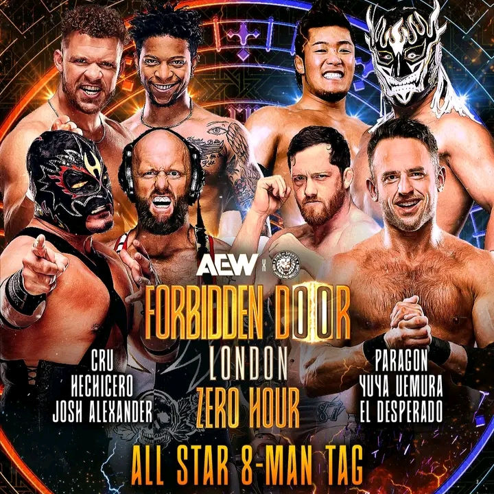 AEW & NJPW Promotional Image for ZERO HOUR: All Star 8-Man Tag: Cru & Hechicero & Josh Alexander VS Paragon & Yuya Uemura & El Desperado
