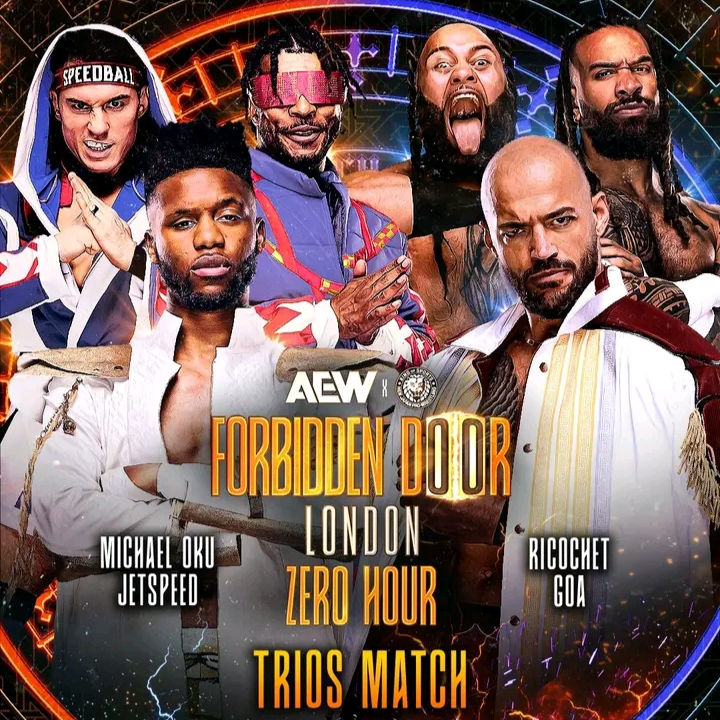 AEW & NJPW Promotional Image for ZERO HOUR: Trios Match: Michael Oku & Jetspeed VS Richochet & GoA