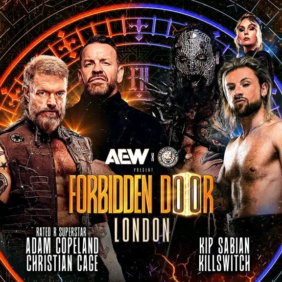 AEW & NJPW Promotional Image for Tag Team Match: Adam Copeland & Christian Cage VS Kip Sabian & Killswitch