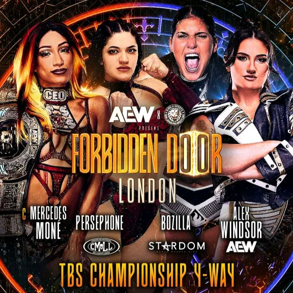 AEW & NJPW Promotional Image for the TBS Championship 4-Way: (C)Mercedes Mone VS Persephone VS Bozilla VS Alex Windsor
