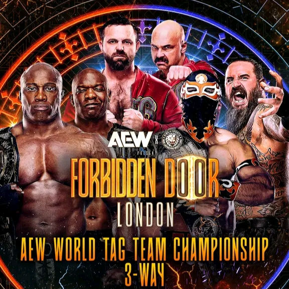 AEW & NJPW Promotional Image for the AEW World Tag Team Championship 3-Way: (C)Hurt Syndicate VS FTR VS Brodido